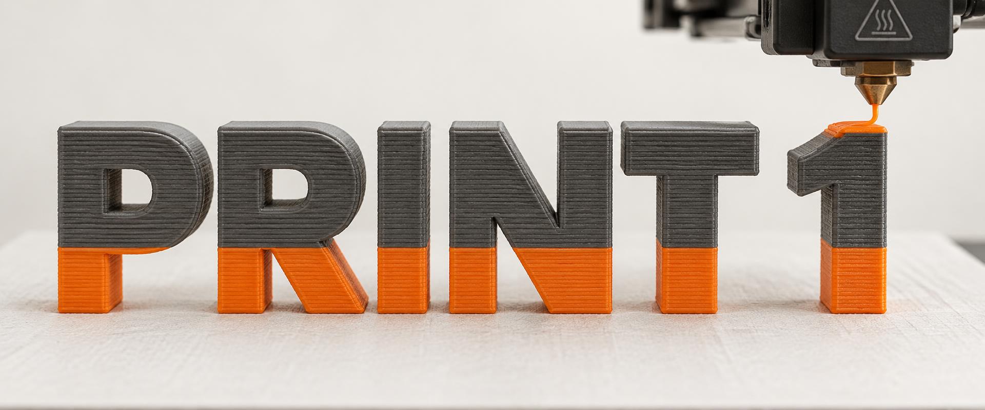 Het woord Print 1, laag per laag 3D-geprint in grafiet en oranje filament