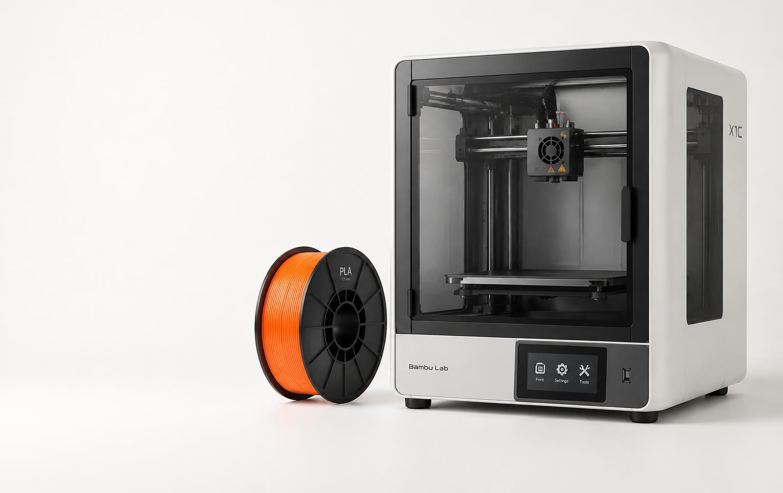 Geschlossener 3D-Drucker neben einer orangefarbenen PLA-Filamentspule